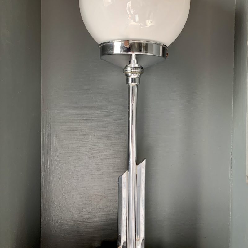 SOLD – Art Deco Table Lamp with abstract Chrome Column And Glass Globe