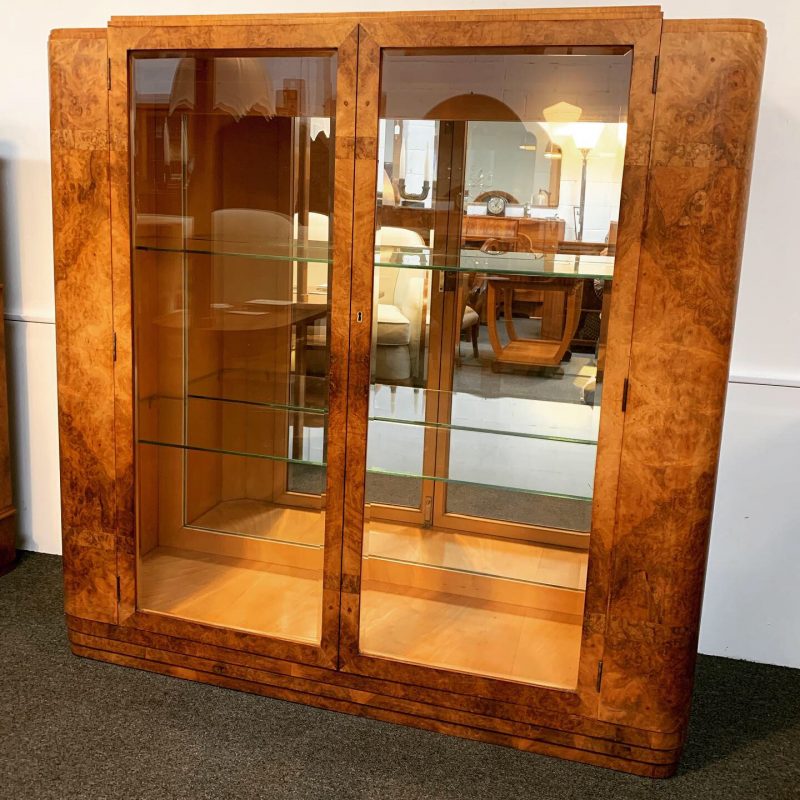 SOLD – Art Deco Burr Walnut Display Cabinet/Bookcase with Mirrored Back