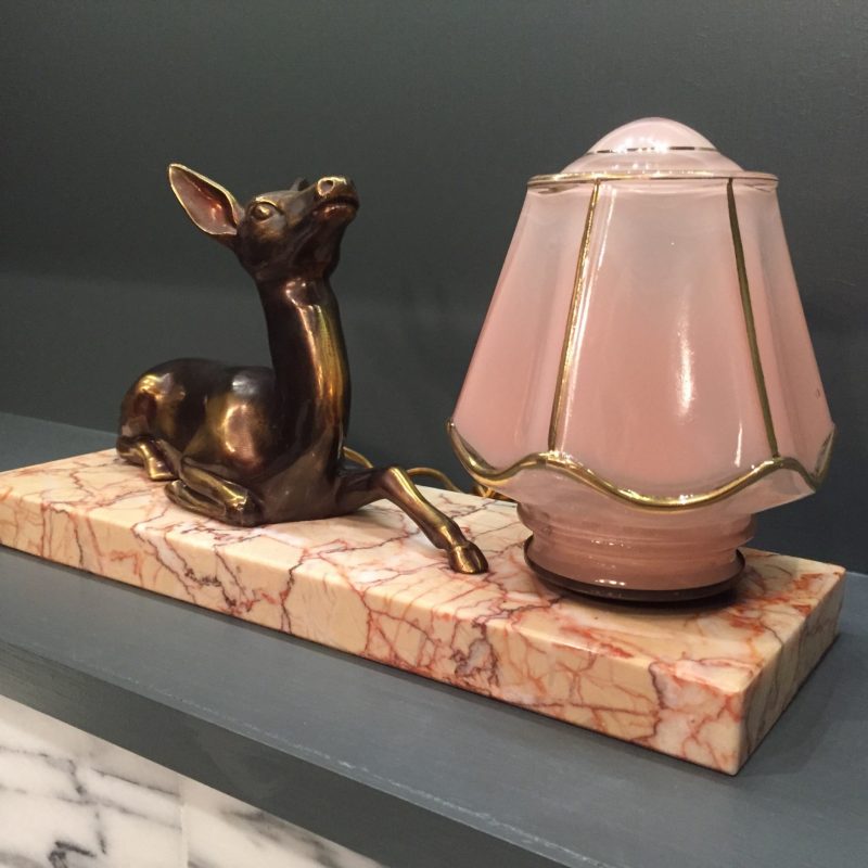 SOLD – French Art Deco Mood Lamp with Gazelle and Pink Shade