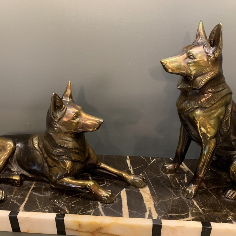 SOLD – French Art Deco Large Spelter Alsatians on a marble base