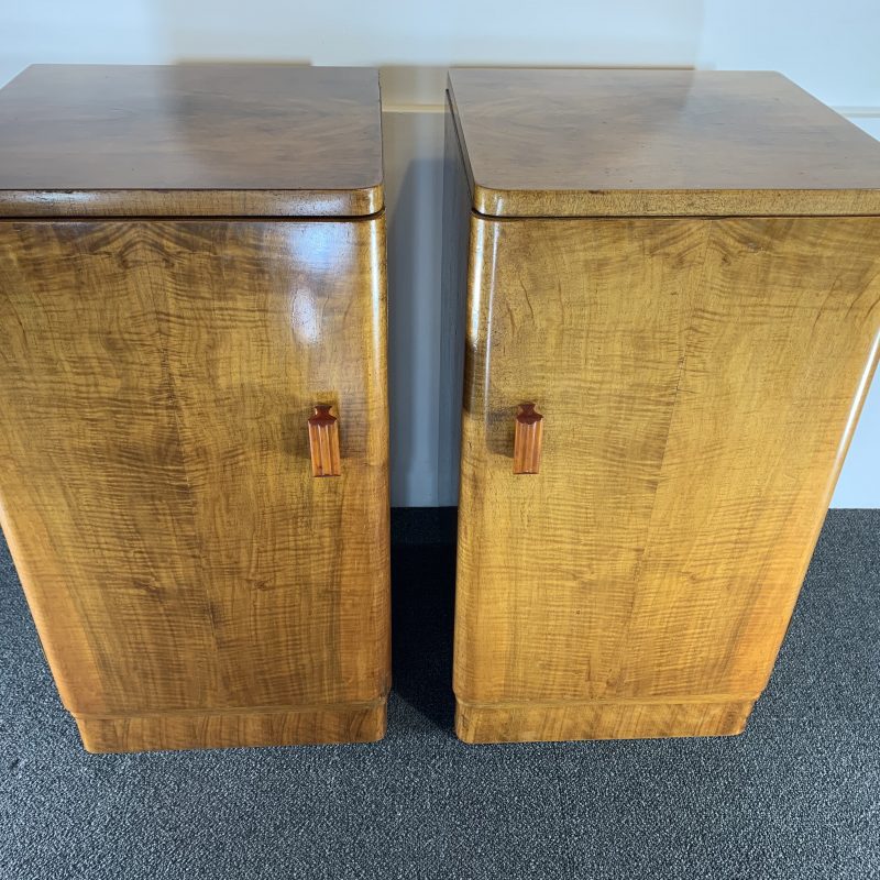 SOLD – Art Deco Pair of Walnut Bedside Cabinets with Bakelite Handles