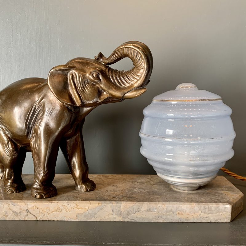 SOLD – French Art Deco Mood Lamp with Elephant and Pale Blue Shade