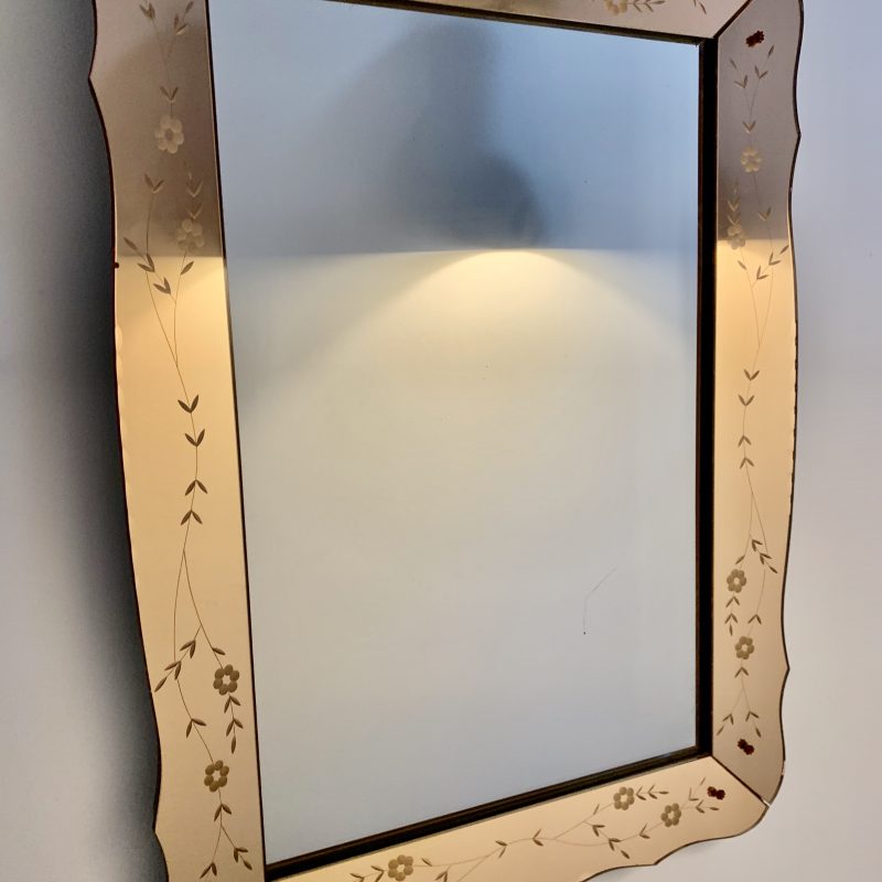 SOLD – French Art Deco Mirror with Copper Edges and Floral Decoration