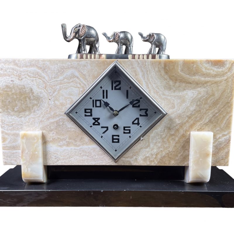 French Art Deco Elephant Clock with Garnitures