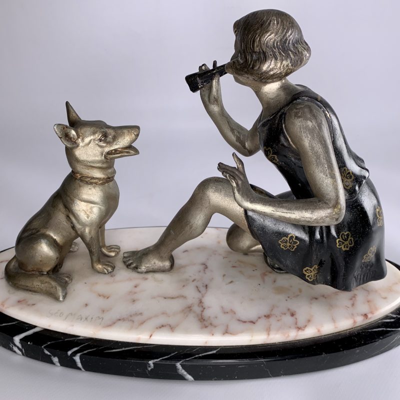 SOLD – Art Deco Sculpture of Girl with a Dog by Geo Maxim