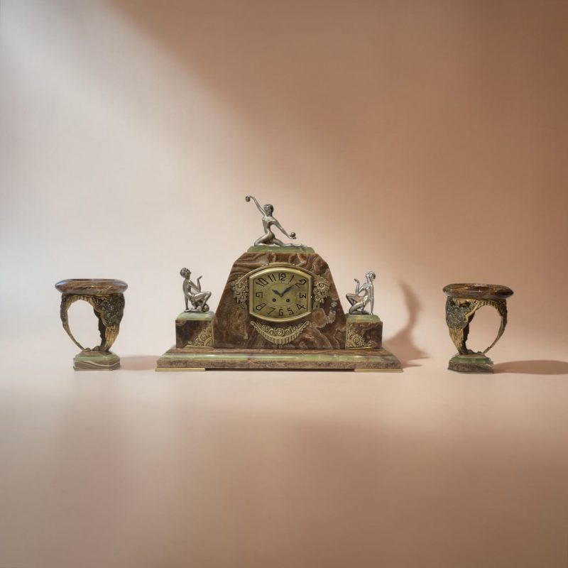 Art Deco French Clock With Its Pair Of Matching Garnitures